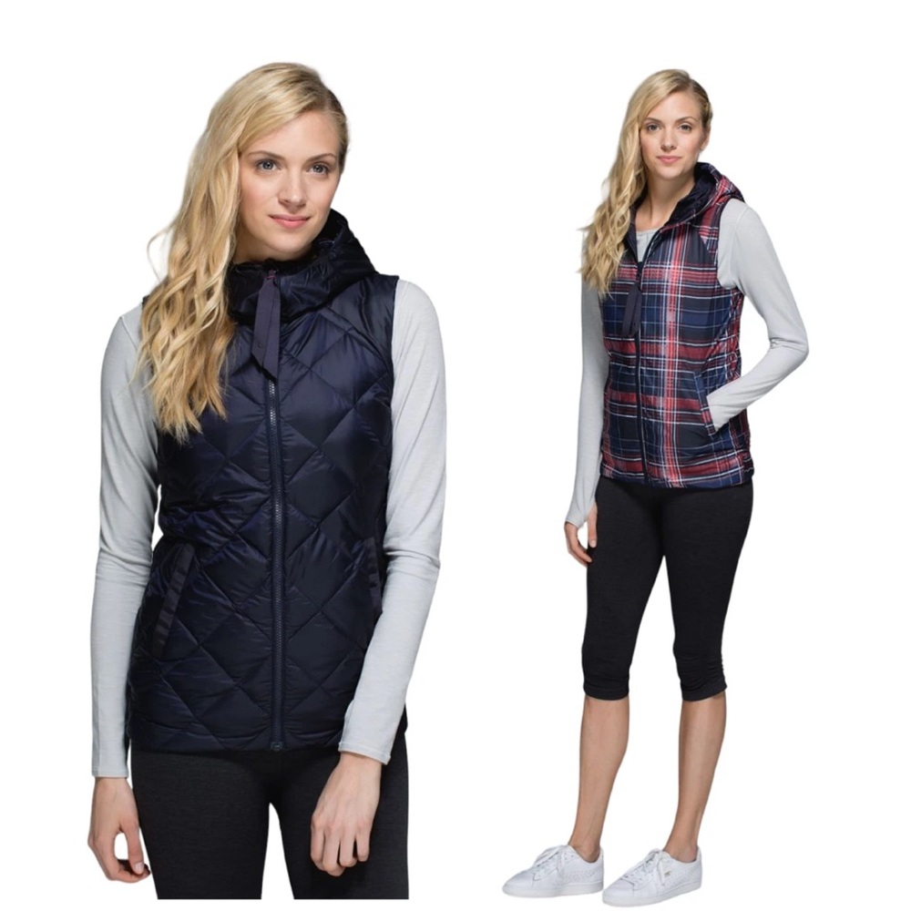 LULULEMON The Fluffiest Reversible vest sz ‎ 4 Navy Blue Cypress Plaid